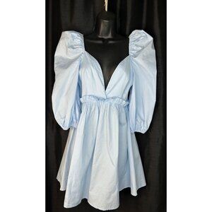Cider Light Blue Puff Sleeve Mini Dress With Deep V-Neck & Back Zipper Closure o